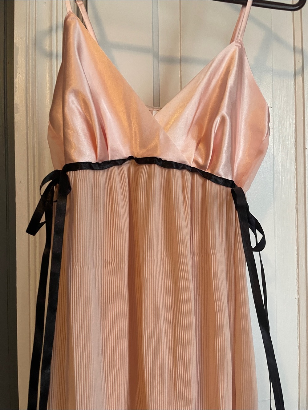 Flora Blush Pink Satin & Pleated Chemise with Black Ribbon Detail - Picture 2 of 5